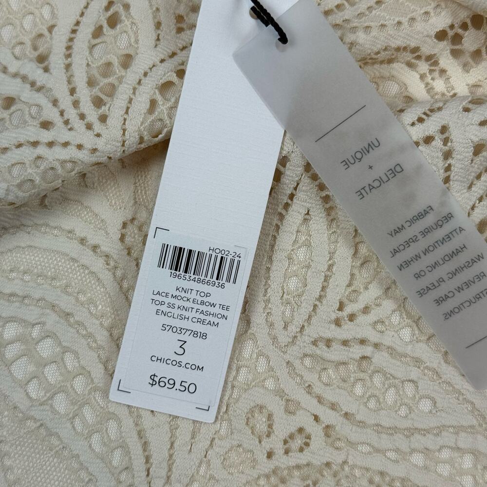 Chico's Lace Knit Cream Top Mock Neck Lined Elbow Tee Grandma Cottage NEW XL - Picture 11 of 12